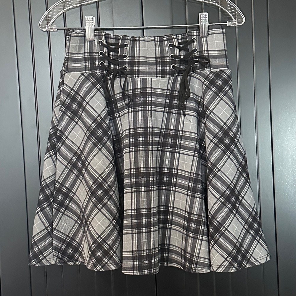 Midnight Hour Plaid Skirt Womens Small Grey Lace Up Front Pockets Goth Grunge
